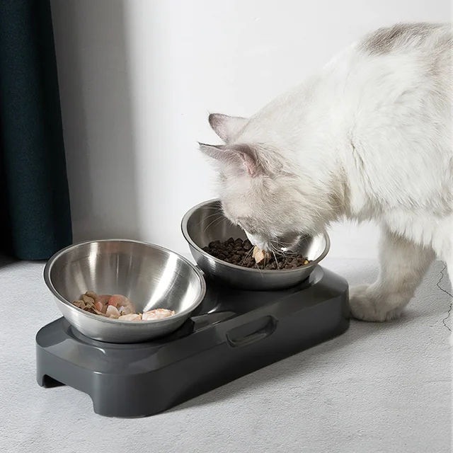 PETWAN Raised Cat Bowl Stainless Steel,Non-Slip Silicone Mat&Raised Cat Feeder with 15°&0°Tilting Neck Protective Bowl for Pets 3