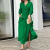Dresses For Women 2024 Plus Size Women Spring And Autumn Solid Color Temperament Lapel Long Slit Solid Color V Woman Clothing 1