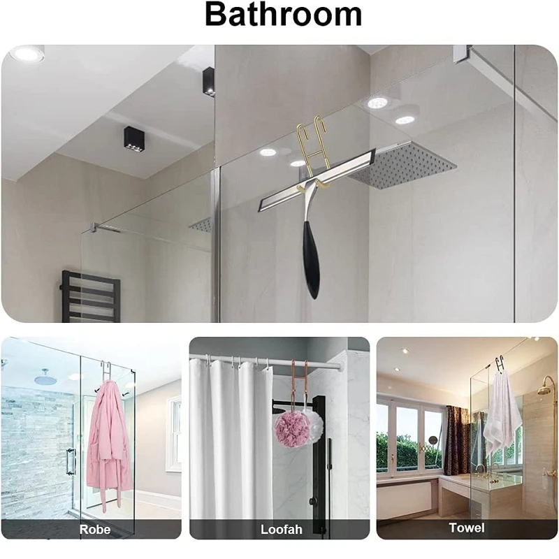 Shower Door Hook Stainless Steel Over Frameless Glass Hanger Bath Towel Clean Ball Squeegee Holder Rack S-Shape Drilling-Free 5