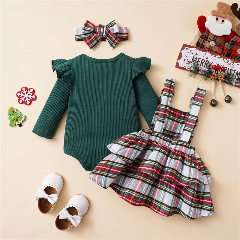 

Toddler Baby Girl Fall Winter Skirts Set Ribbed Long Sleeve Solid Romper Flannel Plaid Suspender Skirt With Headband