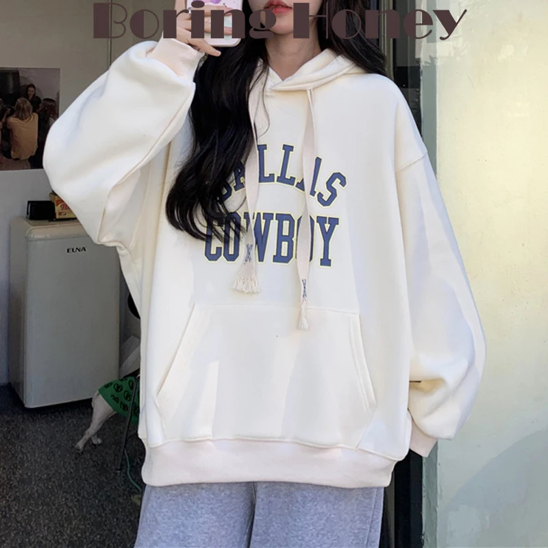 Boring Honey Oversize Pullover Hooded Sweatshirts Loose And Comfortable Winter Letter Retro Fashion Women Blouses Hoodies Tops
