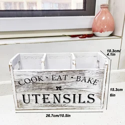 Rustic Wooden Kitchen Utensil Holder with 3 Compartments - Stylish Farmhouse Countertop Organizer (White)