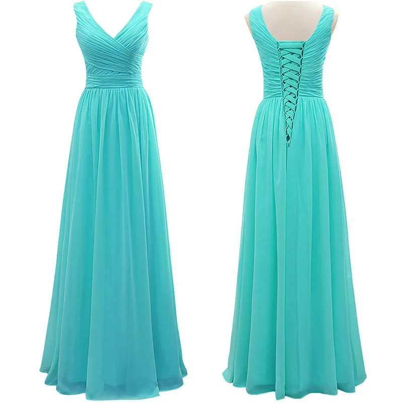 

A Line Chiffon V Neck Pleat Elegant Off Shoulder Bridesmaid Dresses Wedding Party Formal Prom Robe De Soiree Lace Up Back