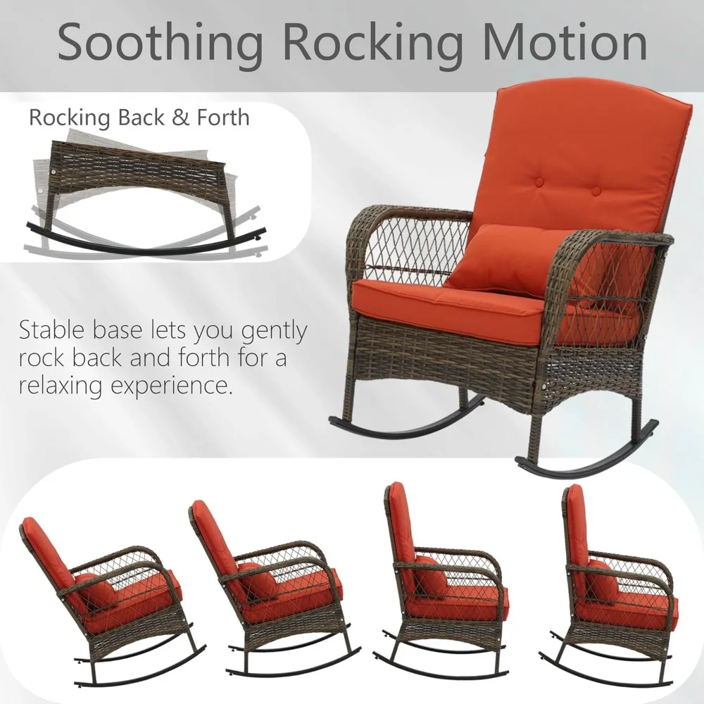 Outdoor Wicker Rocking Chairs, 3 Pieces Patio Furniture Rattan Rocker Chairs Wicker Rocking Bistro Set with Cushions and Side Ta 3
