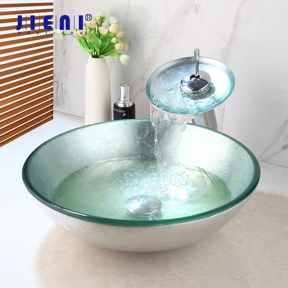 

JIENI Silver Hand-Paint Art Round Bathroom Glass Basin Sink Faucet Round Basin Bath Vanity Chrome Brass Faucet Set Tap Mixer Set