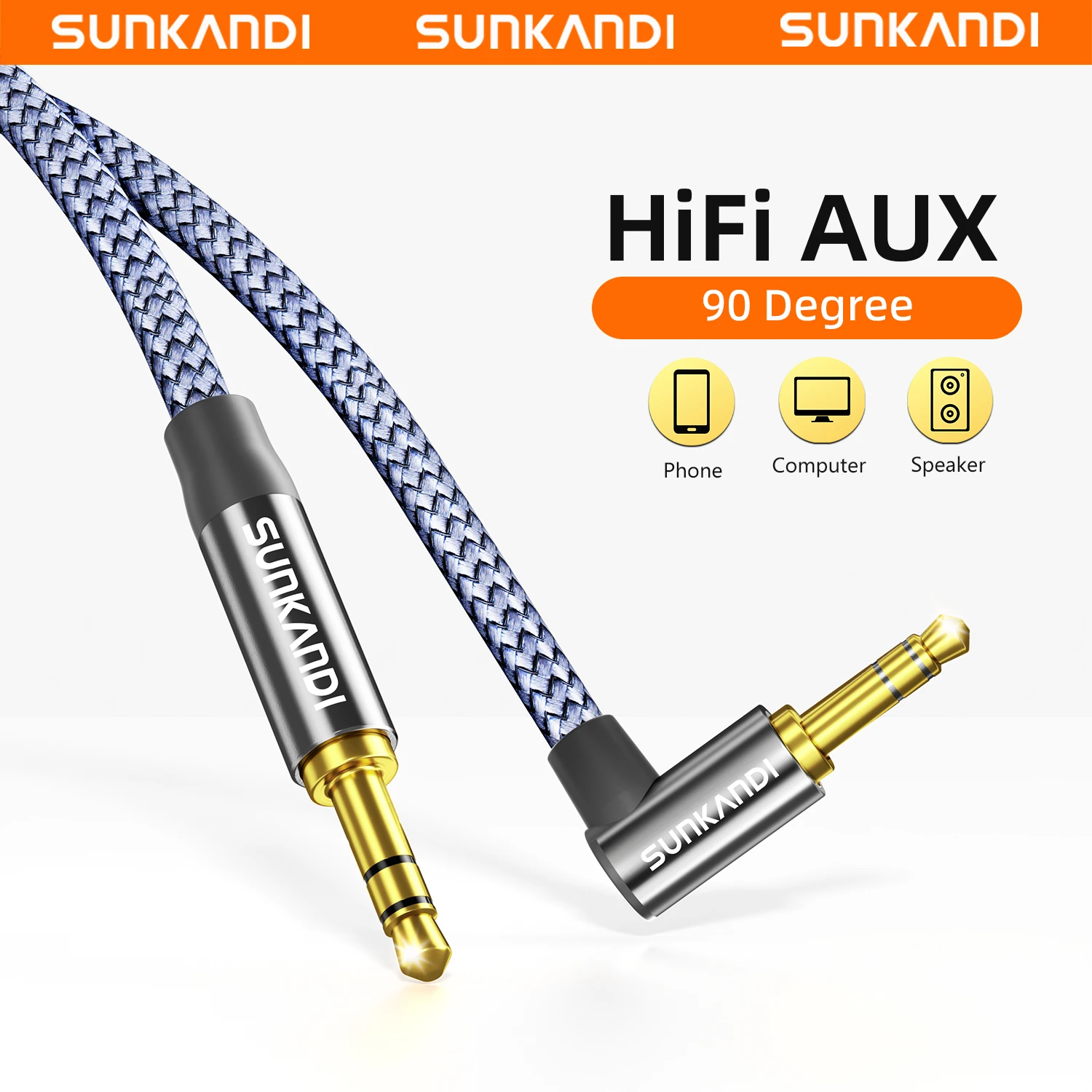 Cabo de áudio AUX SUNKANDI 3.5mm TRS macho-macho com ângulo de 90 graus para fones de ouvido, tablets, alto-falantes e carros