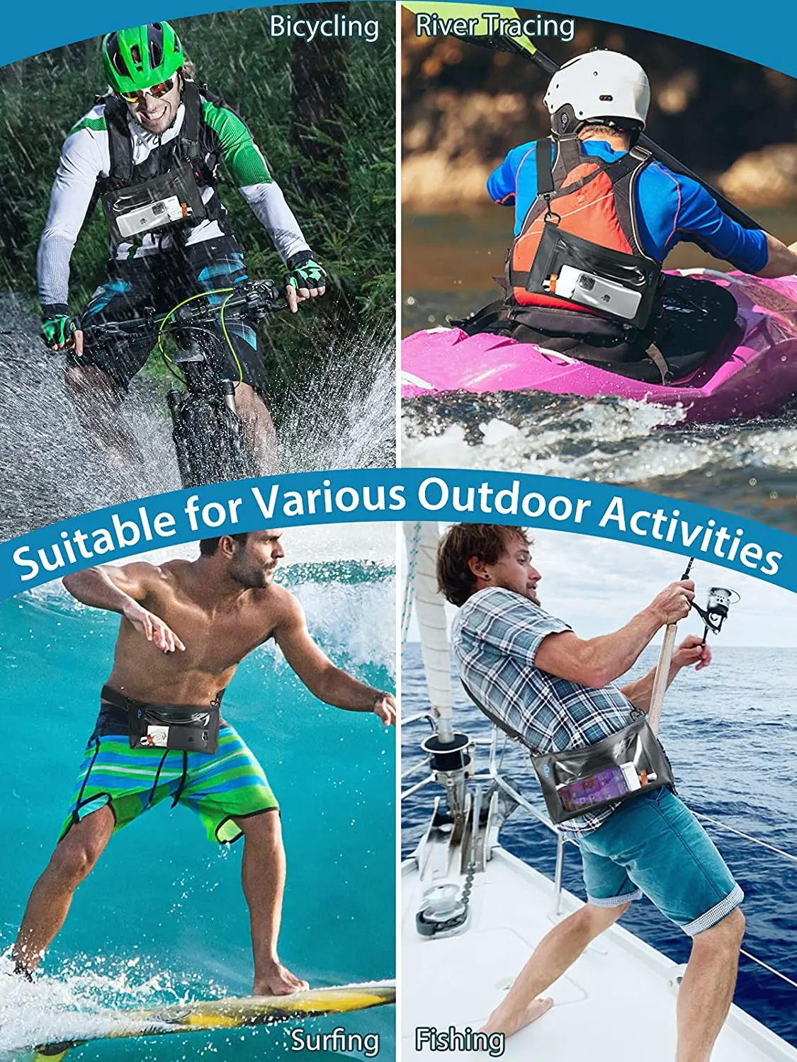 Waterproof Sports Bag Fanny Pack Pouch IPX8 Adjustable Sling Chest Crossbody Bag for Men Women Swimming Cycling Kayaking Boating