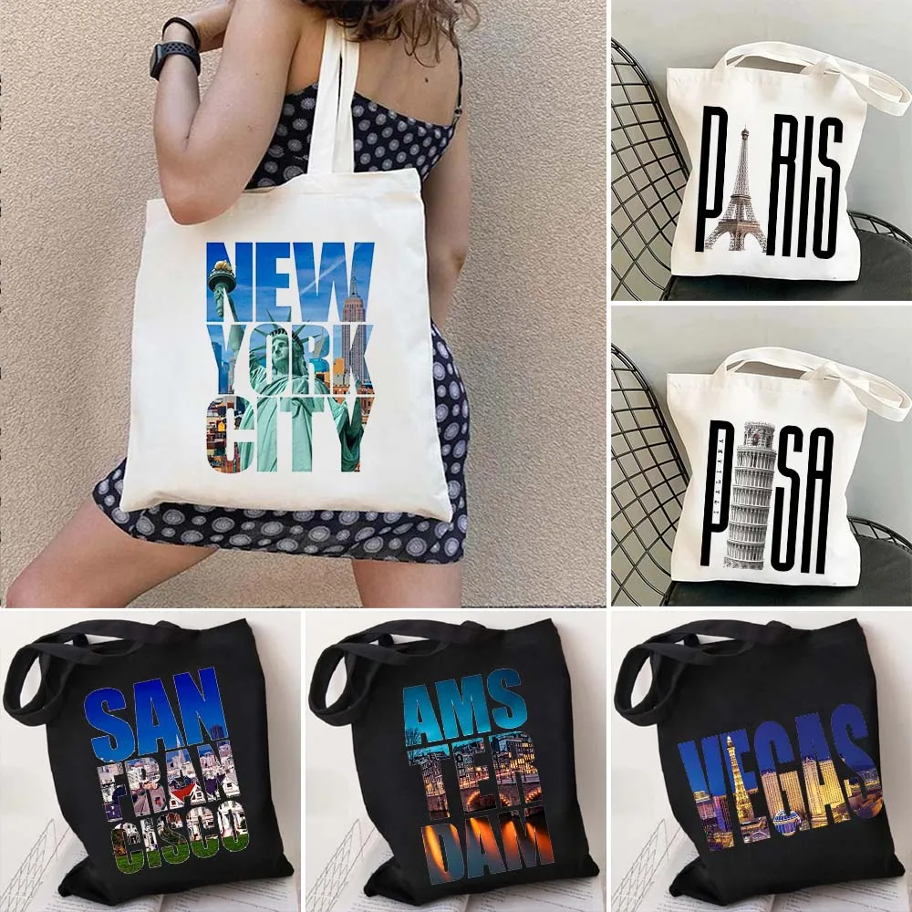 

New York Paris Pisa Miami San Francisco Split Vegas Vienna City Letter Men Women Canvas Tote Bag Shopper Shopping Cotton Handbag