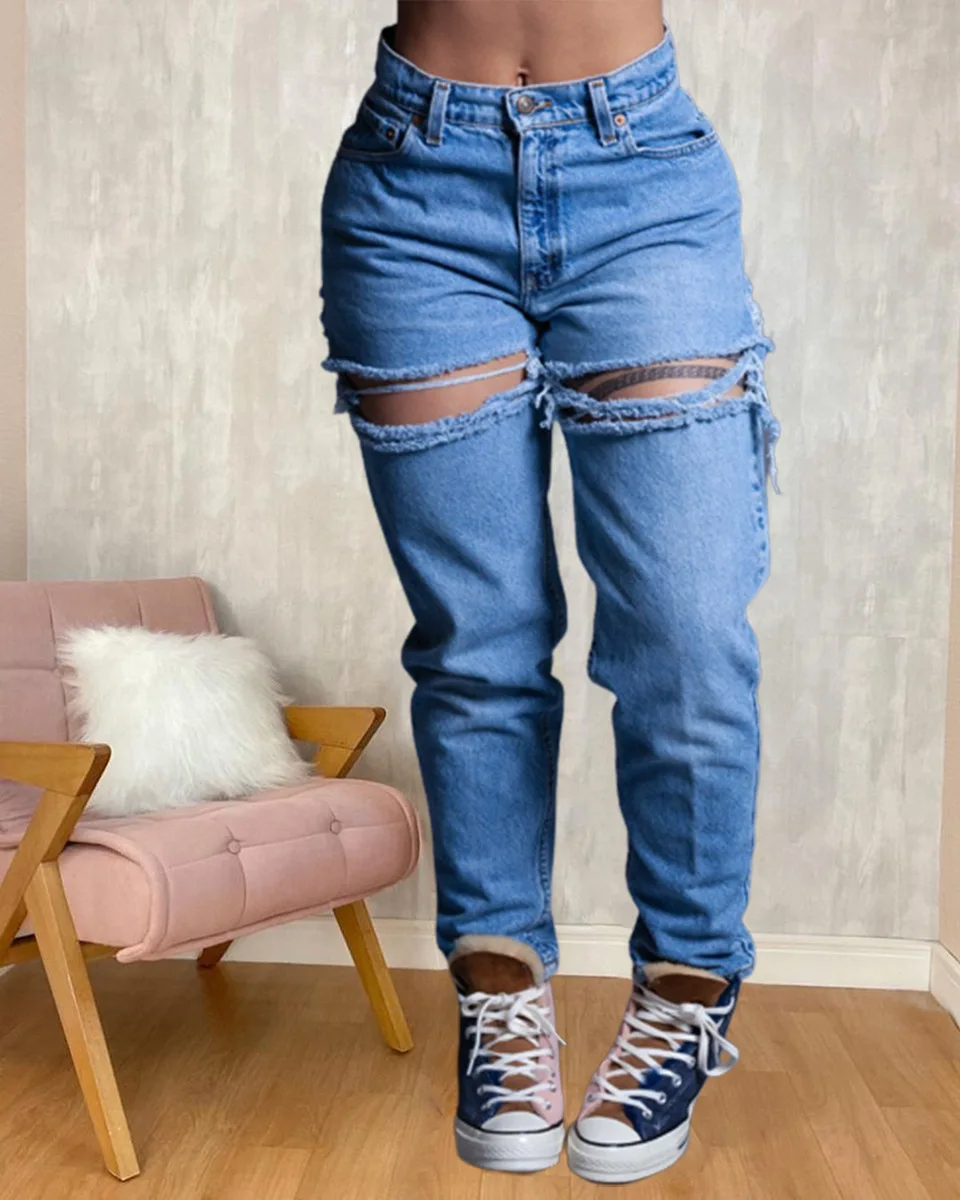 

blue Ripped High Waist Jeans for women Vintage Clothes y2k Fashion Straight Denim Trousers Streetwear Hole Hip Hop Pant jeans