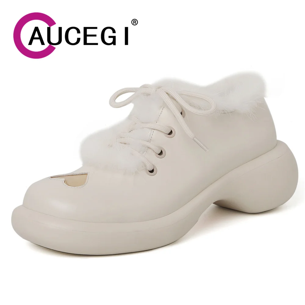 

Aucegi New Designer Genuine Leather Thick Sole Autumn Winter Pumps Women Round Toe Thick Heels Lace Up Warm Casual Handmade Shoe