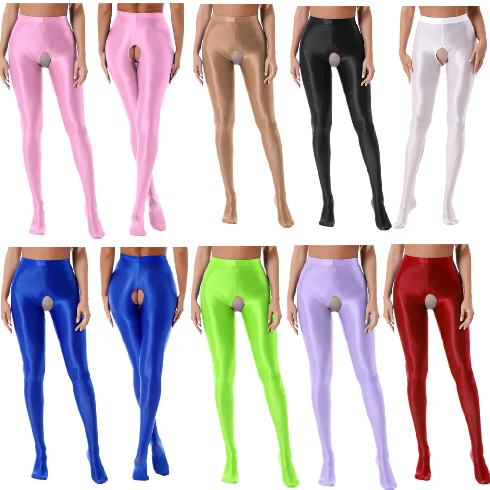 Sexy Crotchless Solid Color Pantyhose Leggings Womens Glossy High Waist Elastic Waistband Skinny Pants Lingerie Nightwear