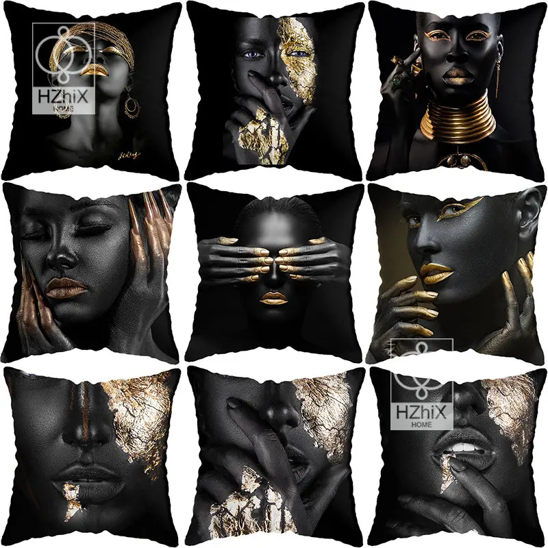 

45*45CM Modern Living Room Black Gold African Lady Woman Style Look Art Deco Sofa Pillowcase Cushion Cover