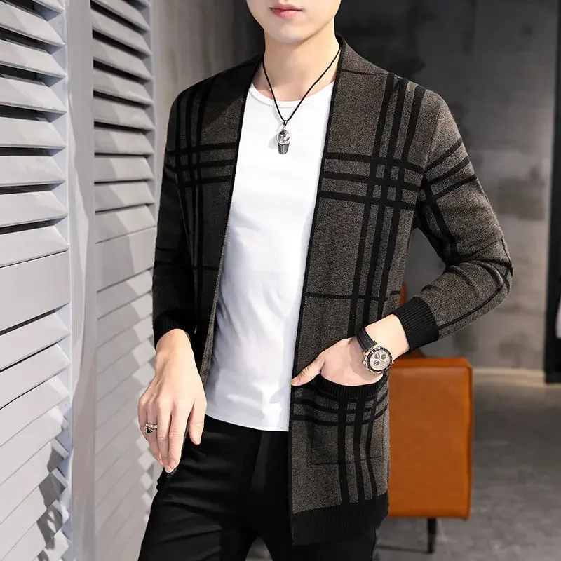 남성용 스트라이프 가디건, 청소년 울 코트, 플러스 사이즈 겨울 가디건, 한국 패션 상의, 니트 스웨터, 용수철 및 가을