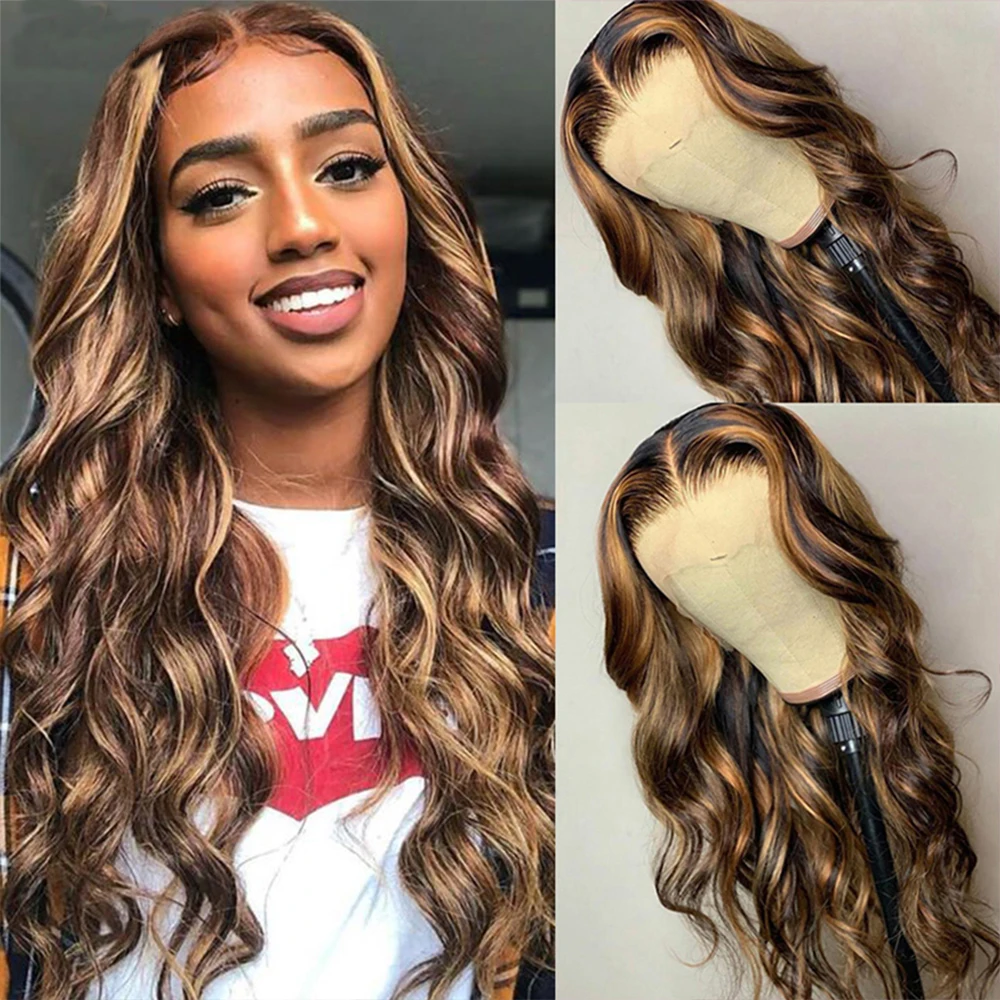 28 30 Inch Highlight Ombre Body Wave 13x4 Lace Front Human Hair Wigs Colored 4/27 Water Wave Frontal Wig For Women Preplucked