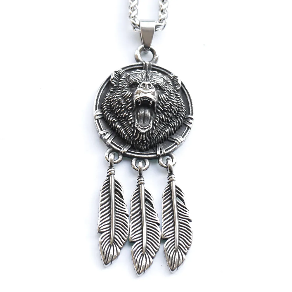 Neue Edelstahl Amulett Wikinger slawische Gott Symbol Belohnung Veles Bär Pfote Feder Anhänger Halskette Schmuck – Detail 3