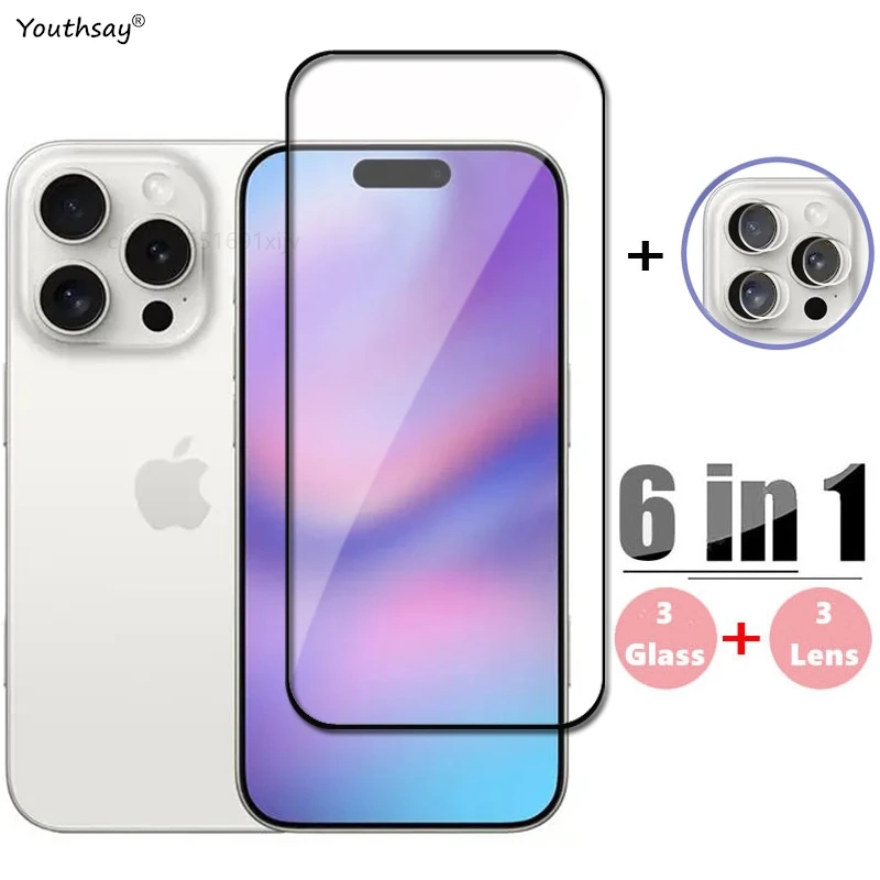 6in1 Glass For iPhone 16 Pro Max Tempered Glass For iPhone 16 Pro Max Screen Protector Phone Film iPhone 16 15 14 13 12 Pro Max