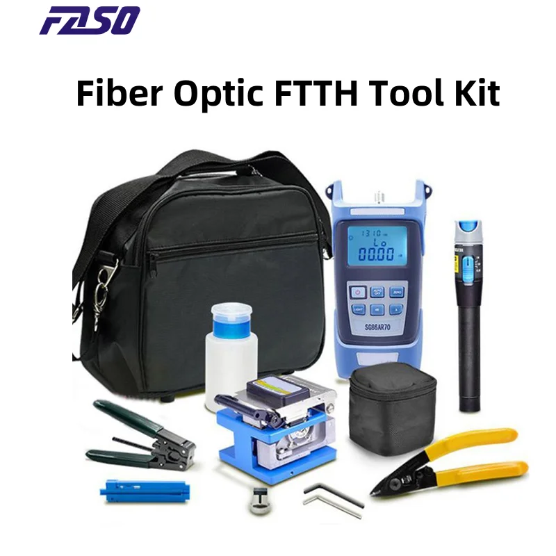 Fiber Optic Tools Kit with Bag. FTTH Optical Power Meter ​Fiber Cleaver ​VFL Drop Cable Stripper ​Miller Clamp