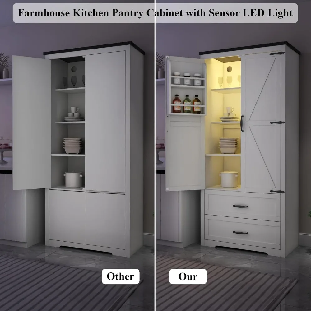 Tall Farmhouse Kitchen Cabinet with Sensor Light, Kitchen Pantry Cabinet with 2 Large Drawers and Adjustable Shelves