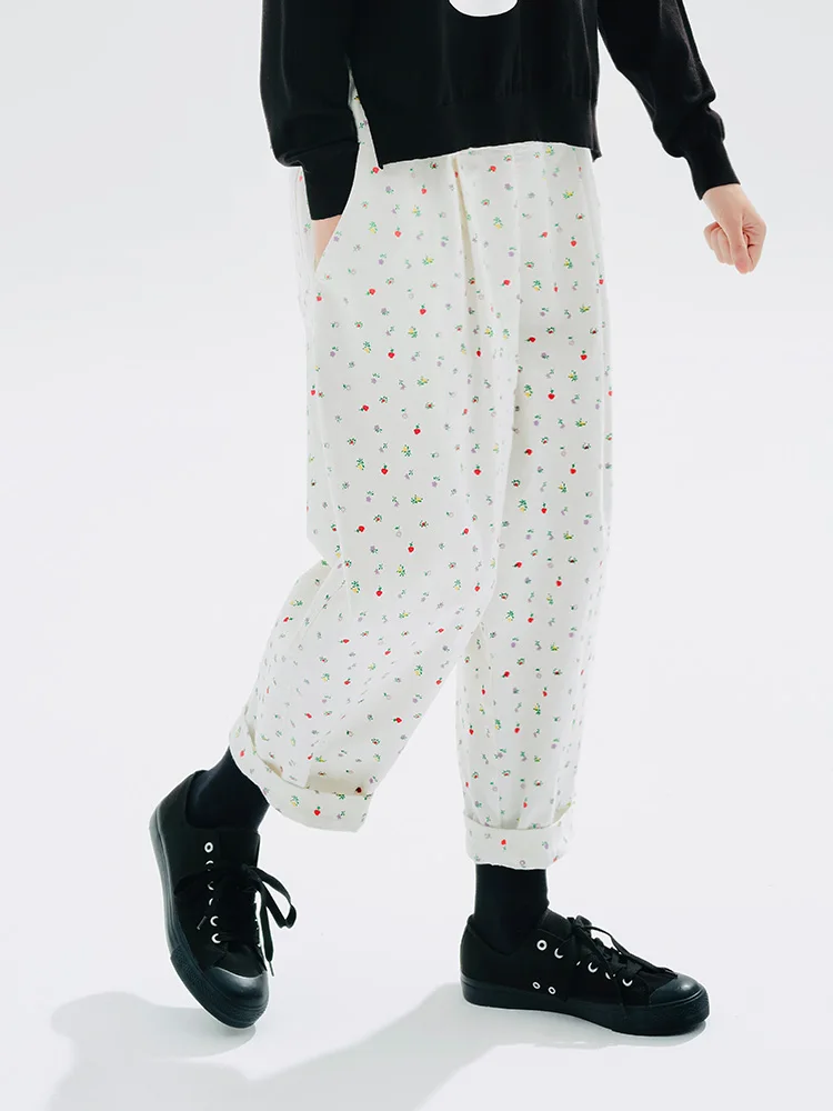 IMAKOKONI original design elastic waist floral casual pants pocket fashion nine minute long pants 234280
