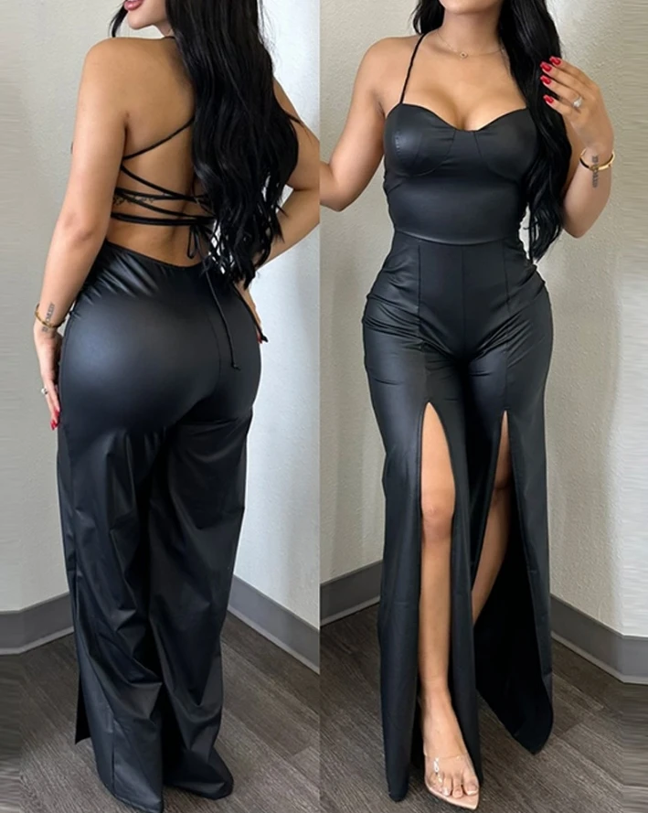 Sexy Overall for Women 2024 Summer Sleeveless V Neck Tied Detail Backless High Waist Straight Wide Leg Slit Pu Leather Jumpsuit