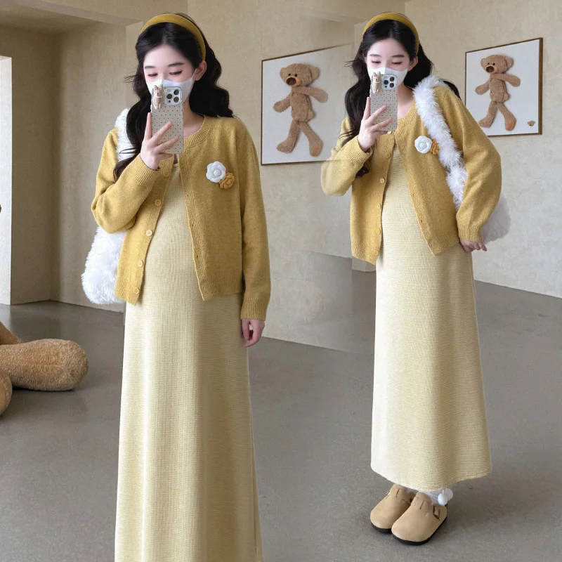 출산 세트 봄 가을 프랑스 스타일 부드러운 꽃무늬 스웨터 코트와 조끼 드레스 투피스 세트 임신 중에도 부드럽고 편안합니다