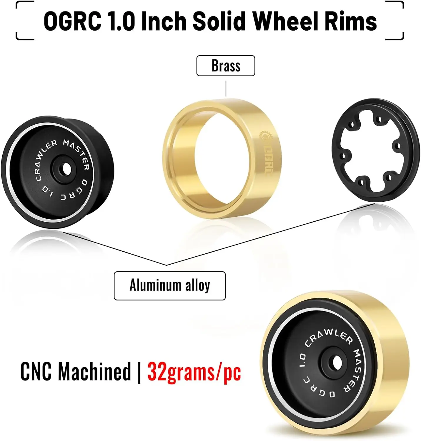 OGRC 1.0 Beadlock Wheels 32g RC Solid Wheel Rims and Brass Clamp Rings for Axial SCX24 AX24 TRX4M FCX24 1/24 1/18 RC Crawler Car