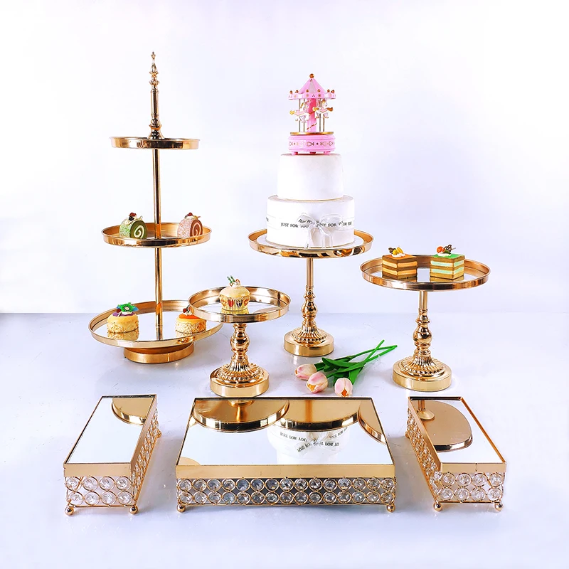 Gold Silver 7-10 Pcs Gold Crystal Metal Wedding Cake Stand Set Rack Holiday Party DisplayTray Cupcake Plate