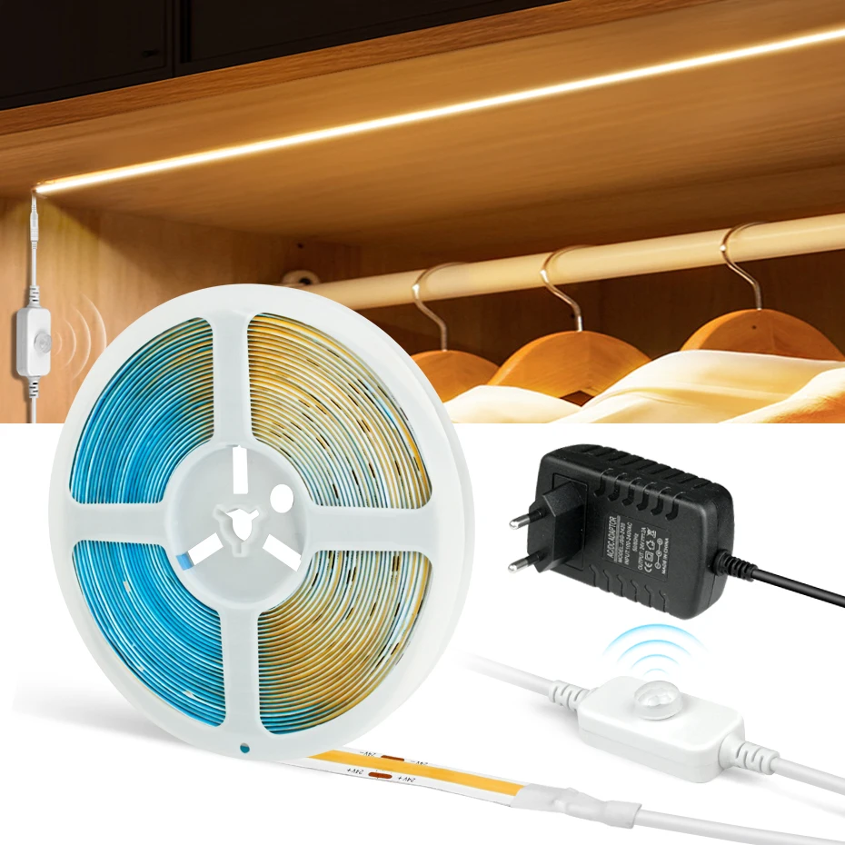 

PIR Motion Sensor COB LED Strip Light DC 24V Adhesive Tape 320LEDs/m Flexible Ribbon Auto ON/OFF for Cabinet Closet Lighting