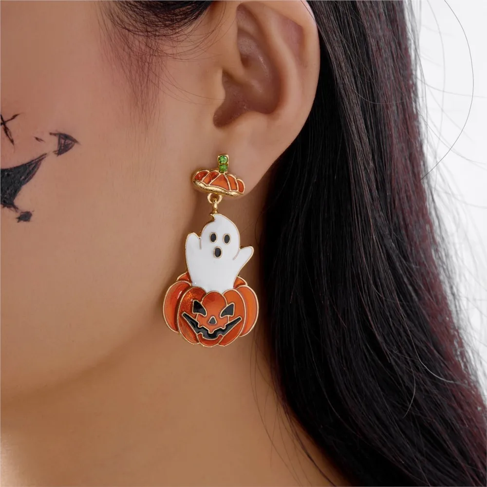 Halloween Ghost Pumpkin Stud Earrings for Women Shiny Zircon Dangle Earring Party Jewelry Gifts