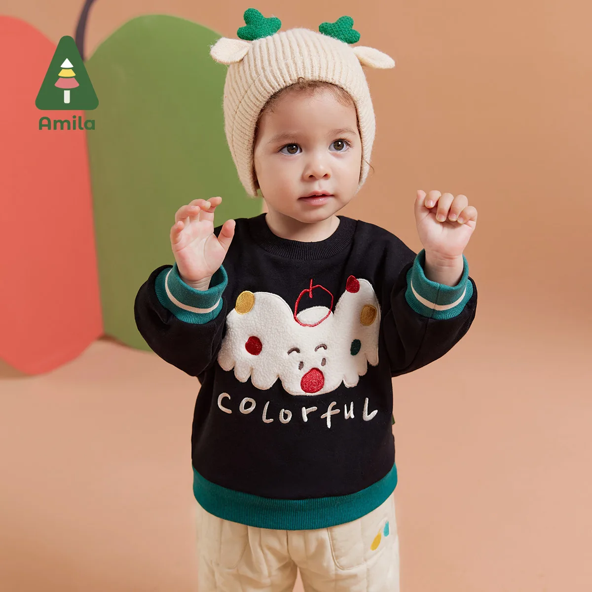 

Amila Baby Children Hoodie 2023 Winter New Multicolour Round Neck Soft Cartoon Pattern Warm Baby Clothing