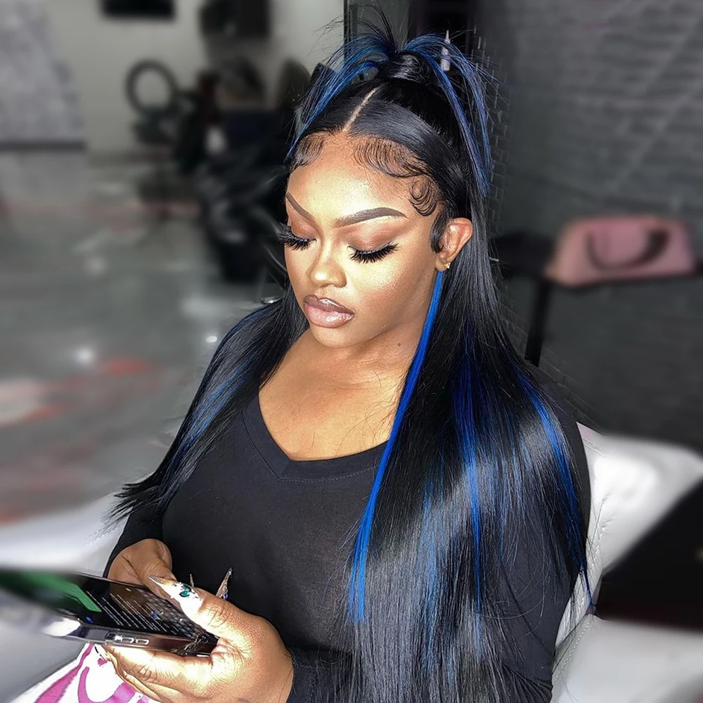 13*4 13*6 Straight Highlight  Black With Blue Lace Frontal Wigs Human Hair Wig For Women Brazilian  Hair Glueless Full Lace Wigs