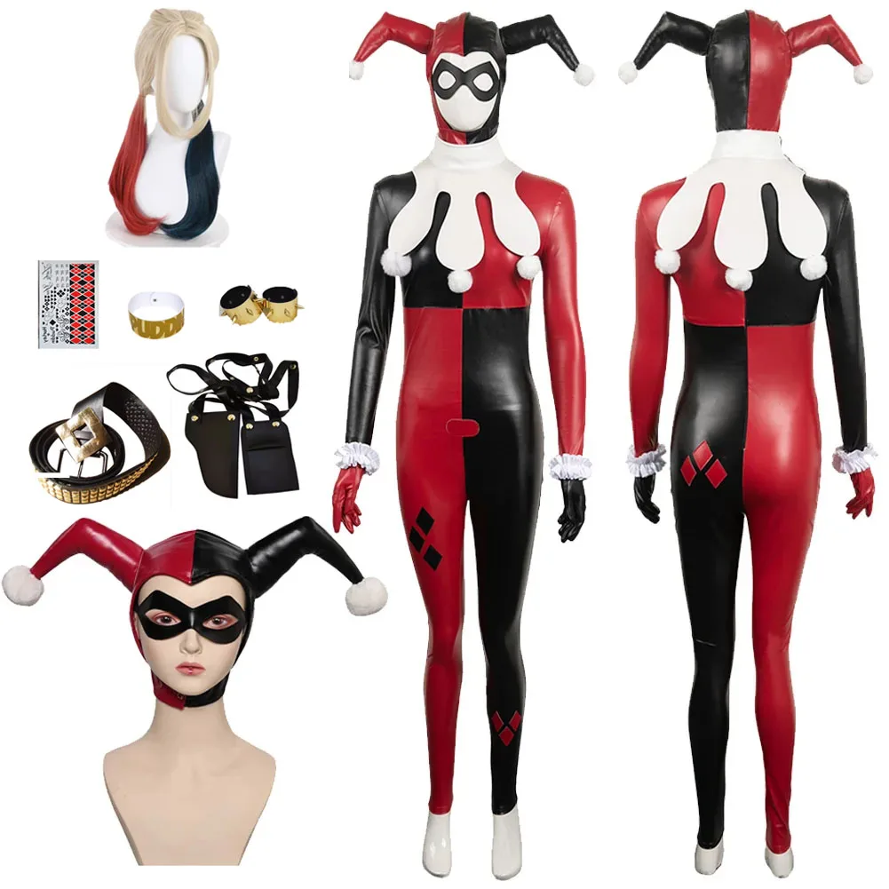 Fantasy Quinzel Cosplay Tuta Costume Femminile Super Cattivo Eye Patch Hat Set Outfit Donne Adulte Travestimento Halloween Party Suit