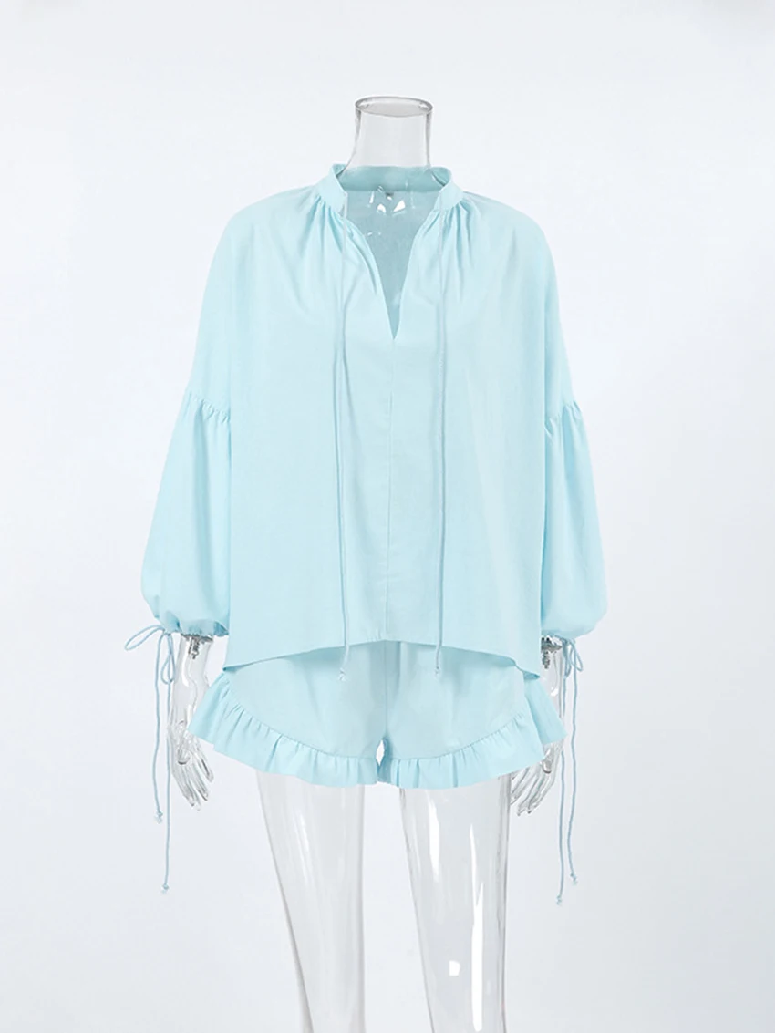 Marthaqiqi Cotton Ladies Nightgowns Set Long Sleeve Nightwear Sexy O-Neck Sleepwear Ruffle Edge Shorts Casual Women Pajamas Suit