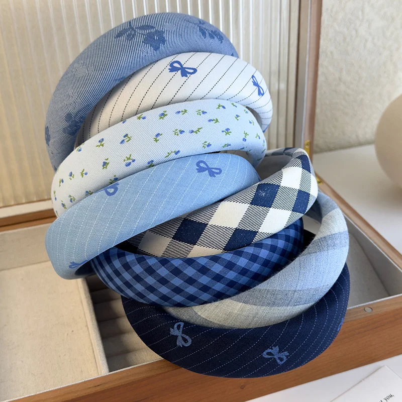 Bluish Stripe Plaid Print Headband with Sponge Padding and Sweet Blue Flower Bow Design