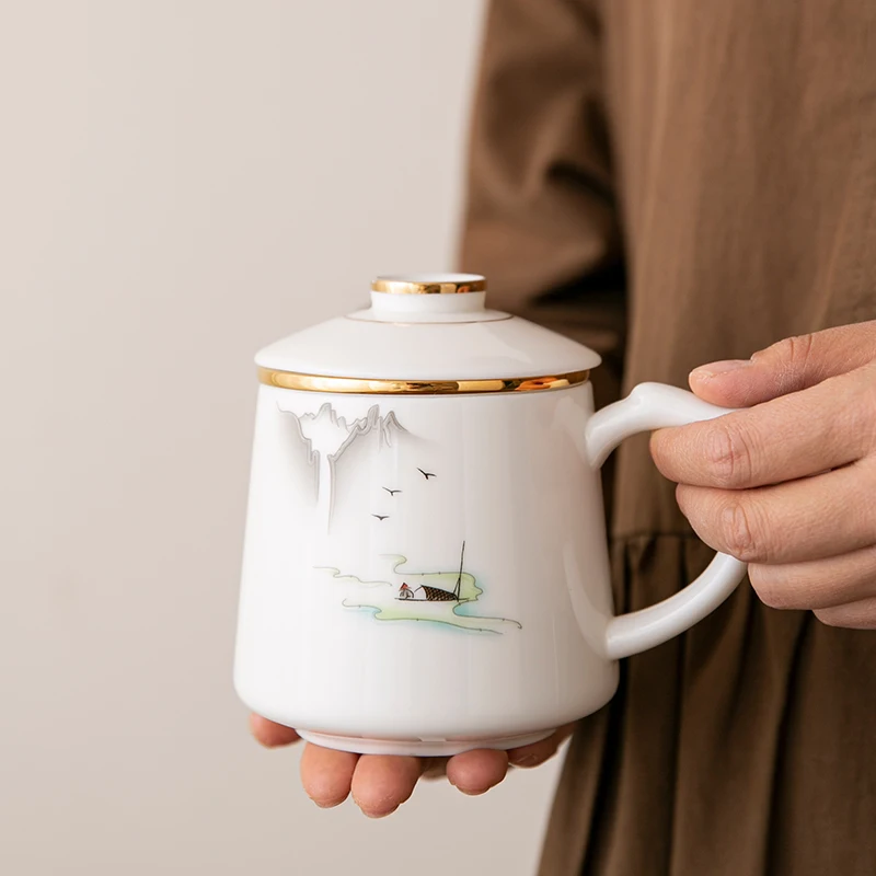 Chinese Style Ceramic Mugs, Home Personal Office Creative Teacup With Cover, Filtered Tea Water Separation, Tea Cups, 400ml, 1Pc