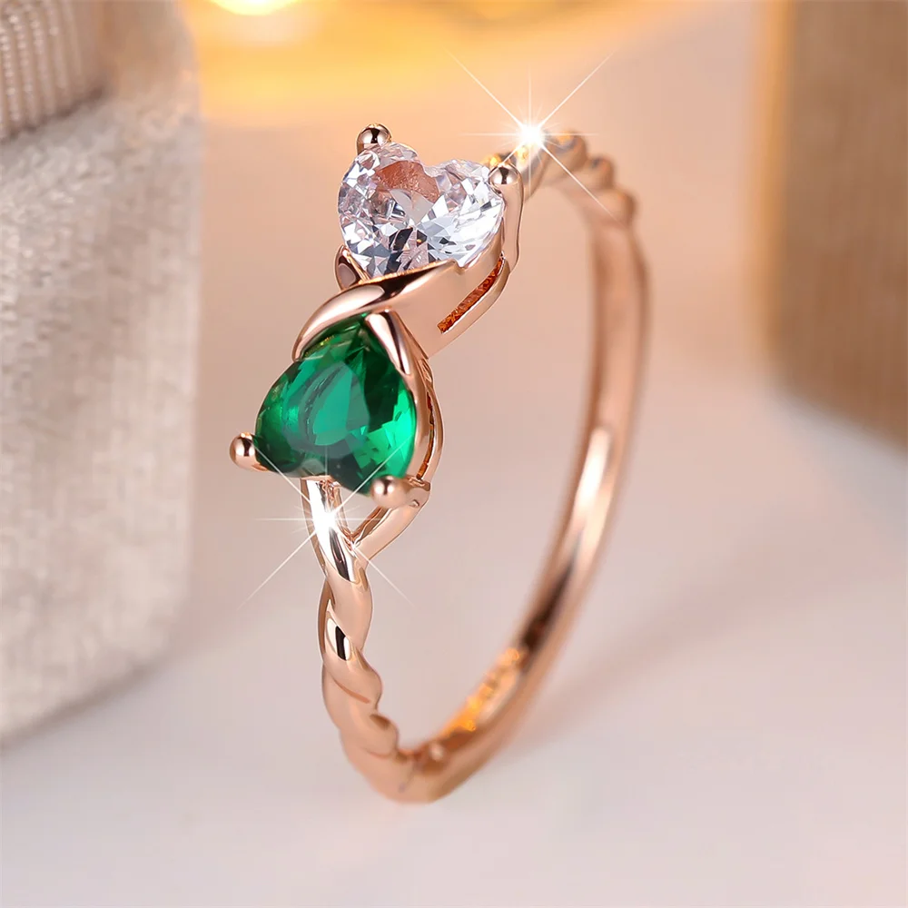 Green Crystal White Zircon Double Heart Stone Bowknot Rings For Women Rose Gold Silver Color Wedding Jewelry Valentines Day Gift