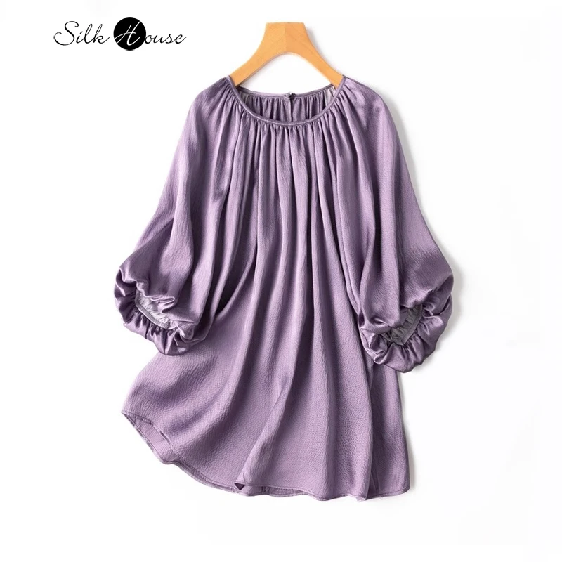 

2024 Women's Fashion Spring New Elegant Grey Purple 20MM 100%Natural Mulberry Silk Petal Satin Peatl Sleeves Loose T-shirt