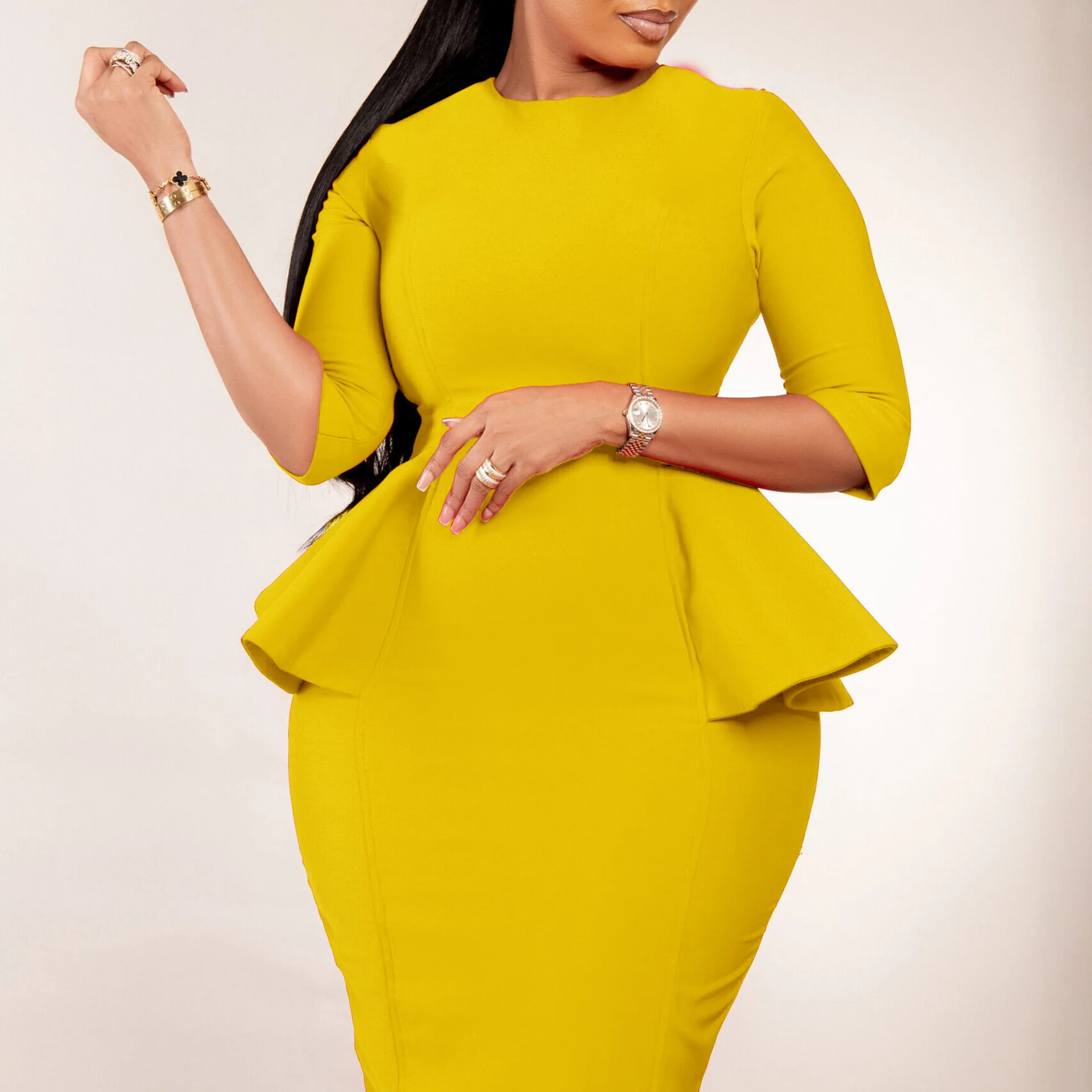 

Women's 2024 new solid color round neck ruffled edge round hip OL professional European and American dress