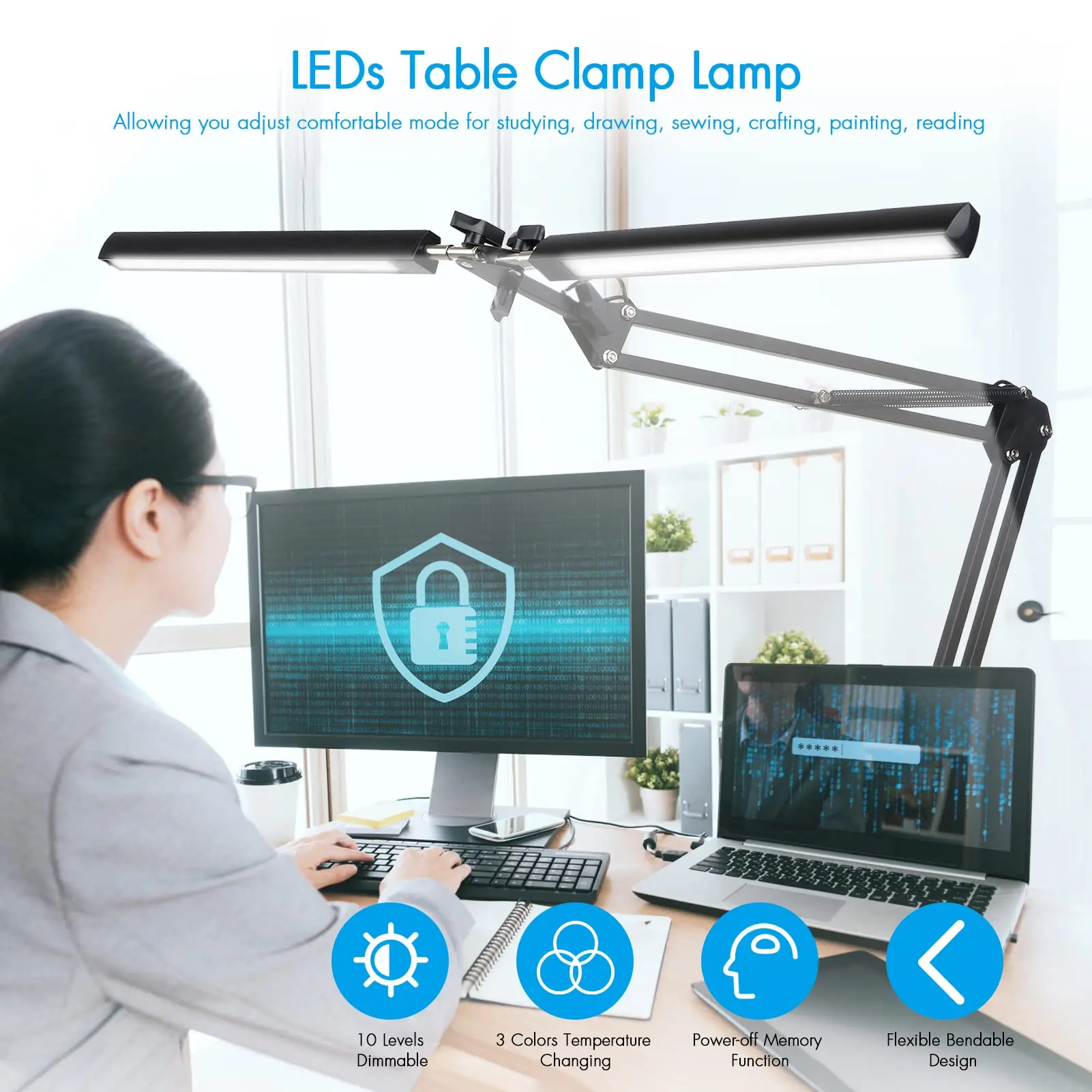 2-in-1 Desk Lamp, Desk Light With Flexible Arm,3 Color Modes Dimmable Double  Head Desk Lamps For Home Office Workbench Reading 