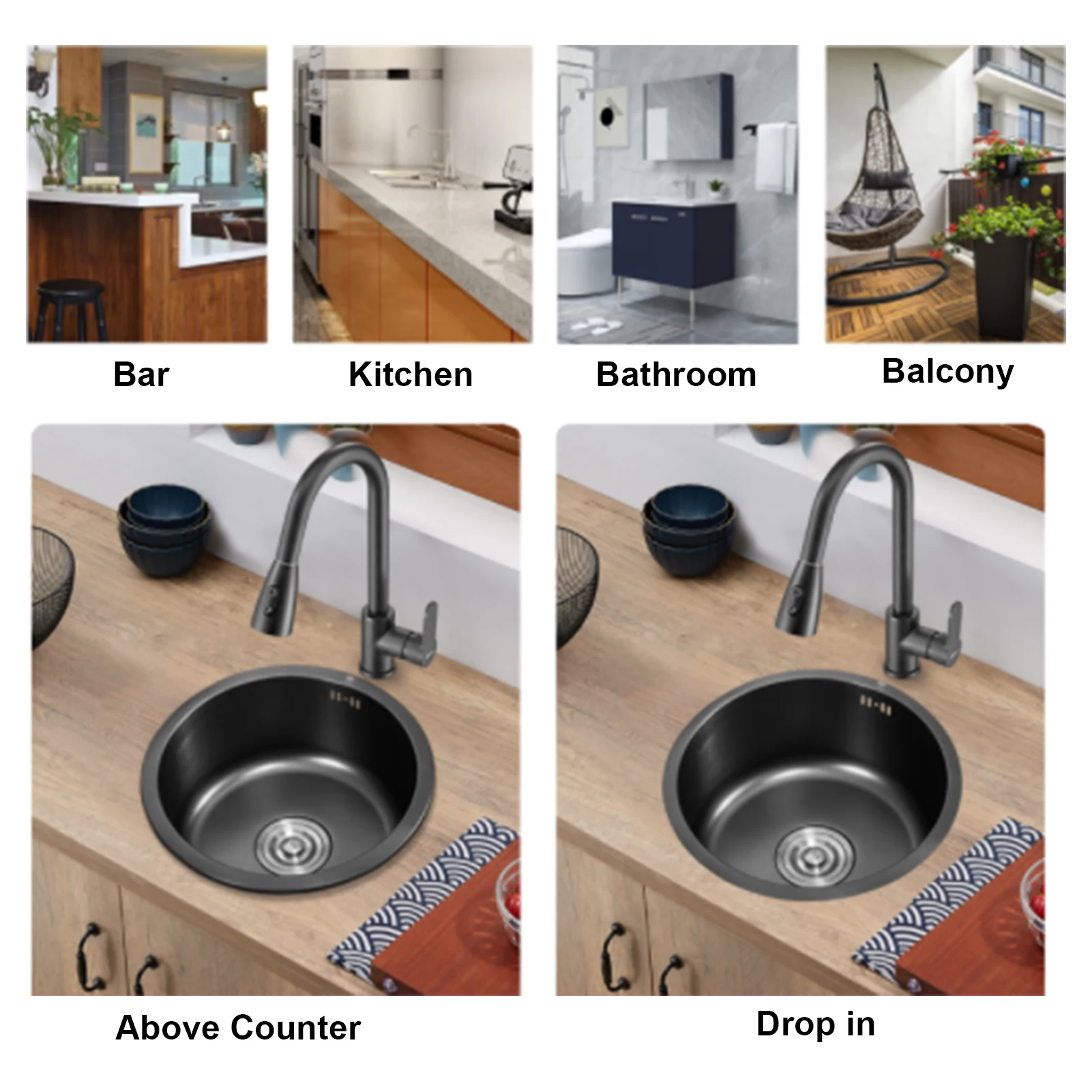 Stainless Steel Round Sink Kitchen Mini Single Bowl Grey Basin with Drain Fitting 30cm Diameter Home Decor Kitchen Accessories ﻿