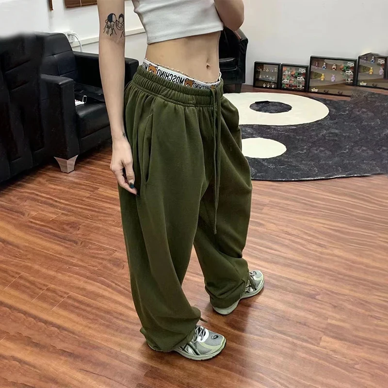 

Women's Y2K Hippie Green Baggy Sweatpants Kpop Oversize Sports Pants Vintage Streetwear Straight Wide Leg Trousers Korean Style