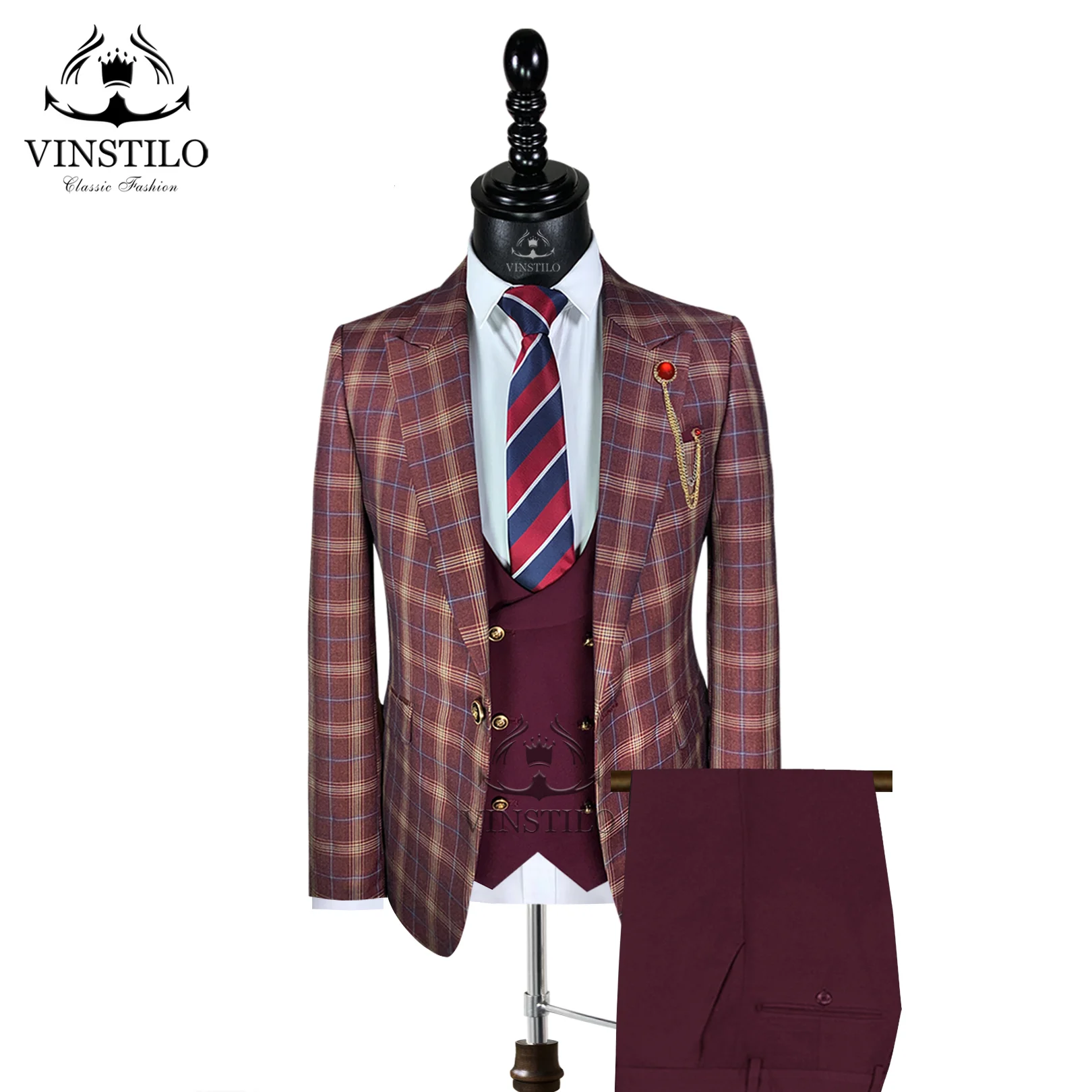 VINSTILO Suits (Jacket+Vest+Pants) Fashion Boutique Lattice Formal Business Mens 3-piece Set Groom Wedding Plaid