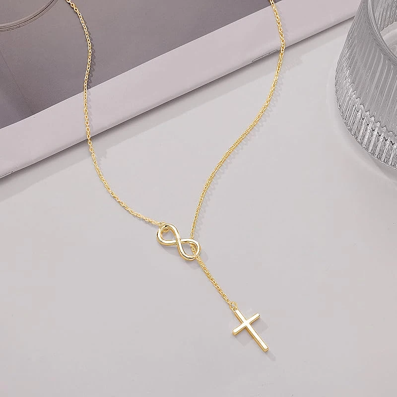 Rrjzz 인피니티 참 크로스 펜던트 목걸이 14K 금도금 조절 가능한 체인 크로스 신앙 목걸이 여성용 데일리 주얼리 선물