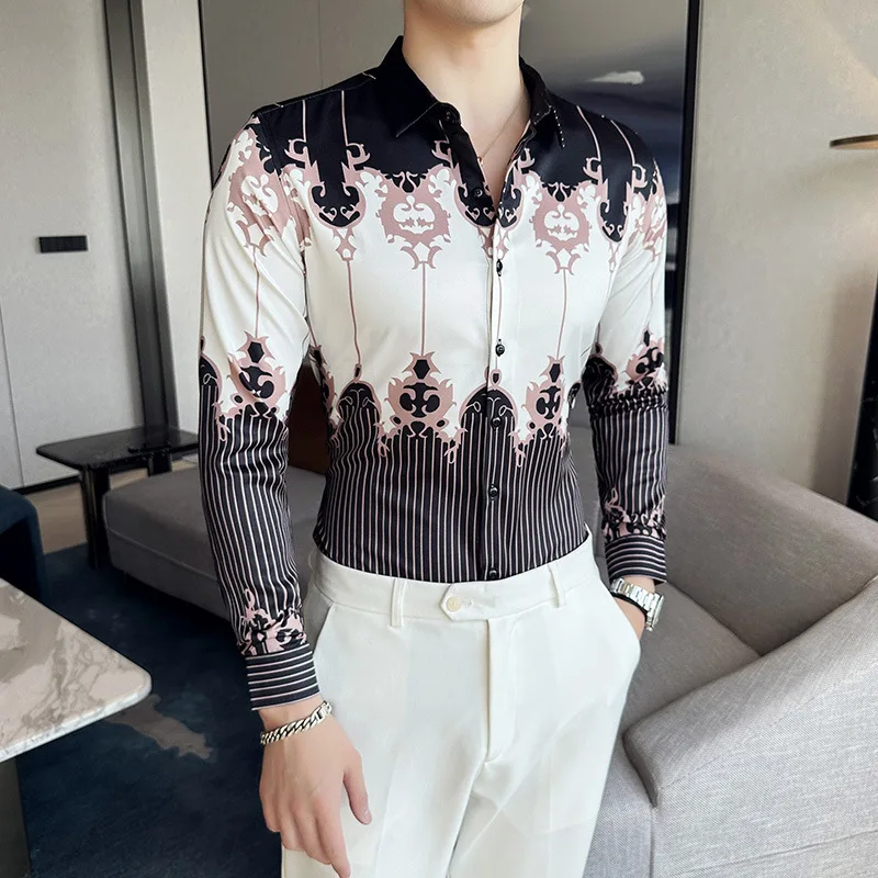 Men's Luxury Design Dress Shirt Long Sleeve Button Down Printed Shirt for Party Prom Wedding Shirt