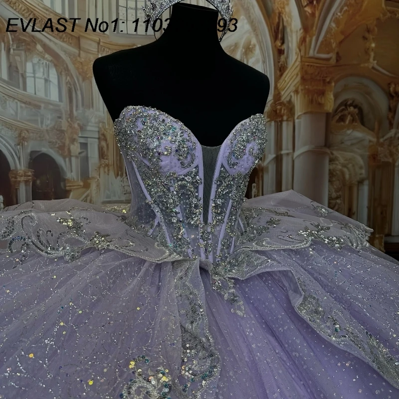 EVLAST Lilac Ball Gown Quinceanera Dress Silver Lace Applique Beaded Bow Sweet 16 Vestidos De 15 Anos E1Q623