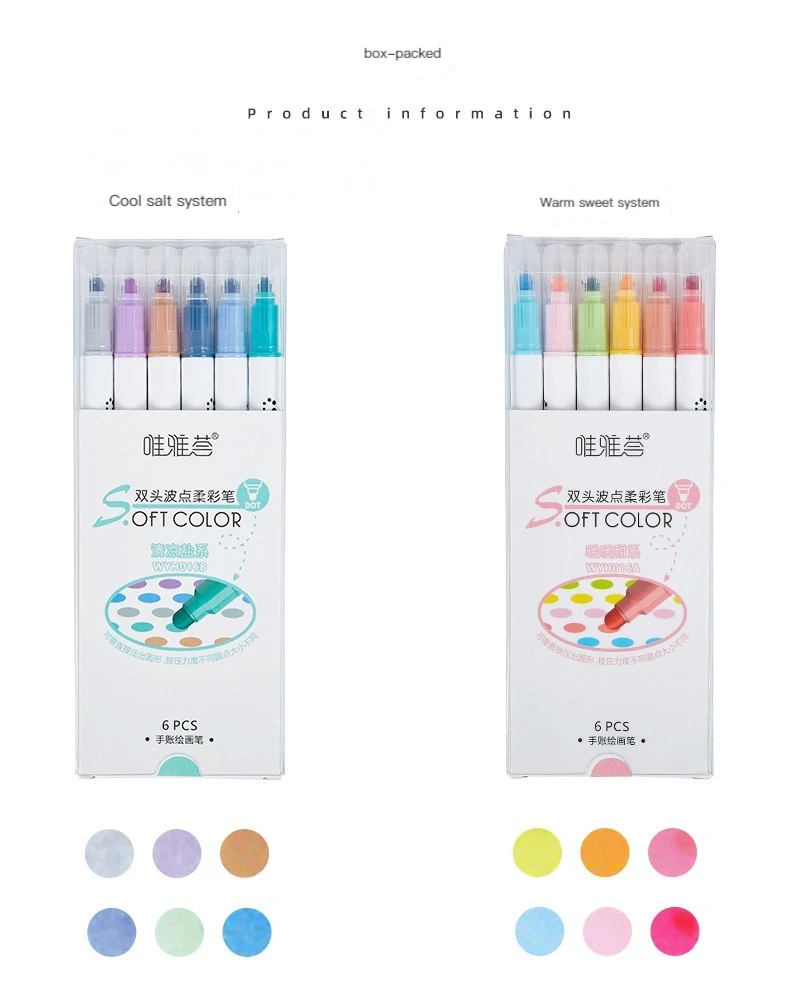 6Pcs/Set Light Color Dot Highlighter Pen Set Dual Tip Fine Liner & Dots Spot Marker