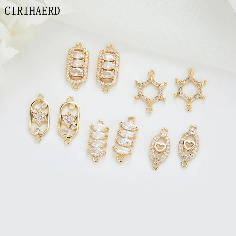 

DIY Jewelry Material Connectors 14K Gold Plated Inlaid Zircon Pentagram Heart Double Hanging Connector Jewellery Making Supplies