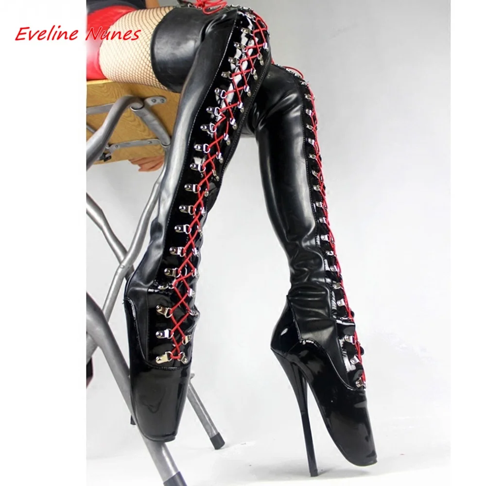 

Black Thigh Boots New Arrival Women's Winter Red Cross Straps Thin High Heel Square Toe Fashion Nightclub Sexy Stage Shoes