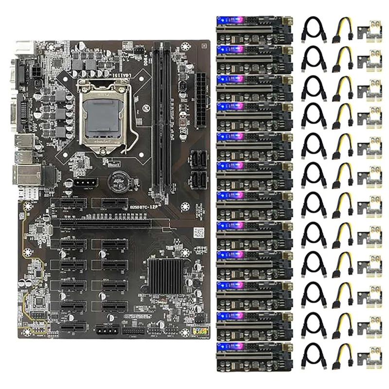 B250 BTC Mining Motherboard 12 PCIE Graphics Card Slot LGA1151 DDR4 DIMM RAM SATA3 with 12XVER010S Plus PCIE Riser Card motherboard pc