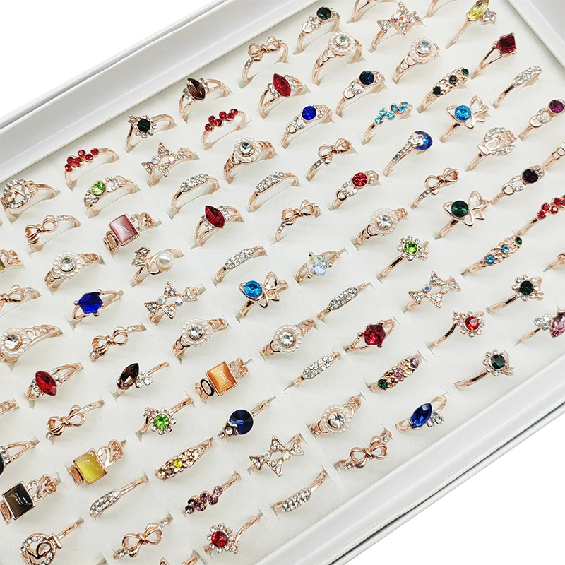 

20/50pcs/Lot Wholesale Gold Color Opal Rhinestone Finger Rings for Women Thin Cute Bow Jewelry Party Wedding Bar Decorate Gifts